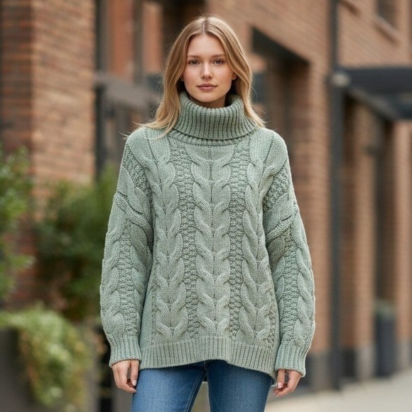 Woven Heart Sweaters - Woven Heart Sage Green Cable Knit Turtleneck Sweater Mohair Blend Size M